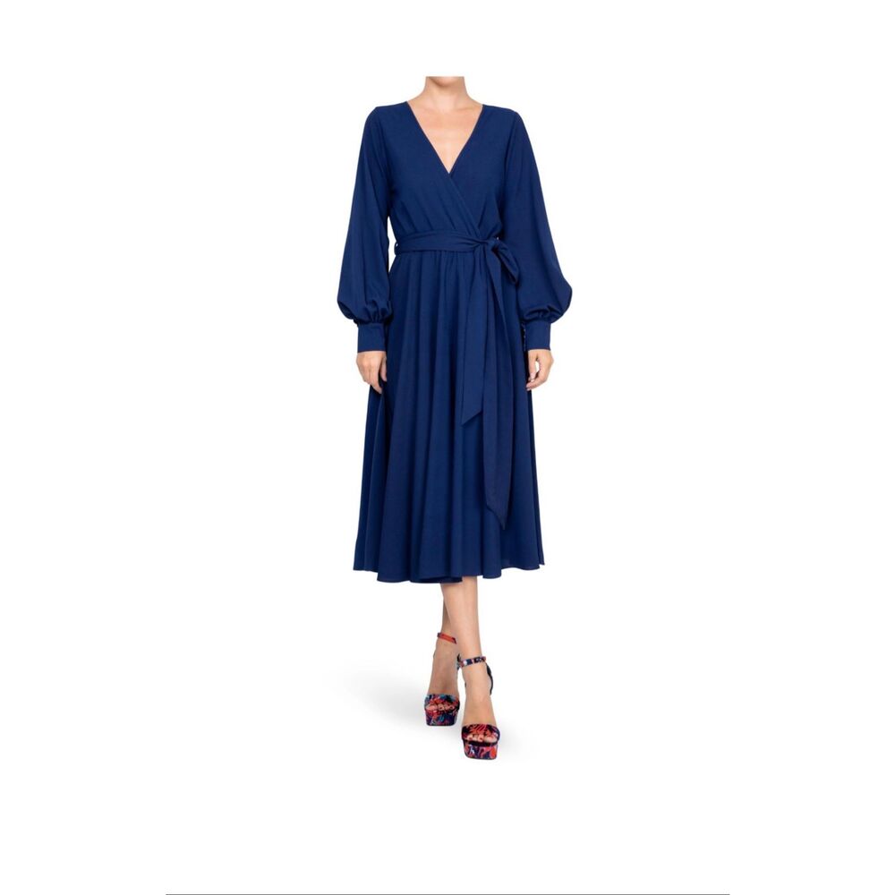 Meghan LA Navy Blue Faux Wrap Surplice Midi Dress Pearl Cuff Sleeve Large